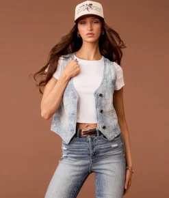 Sterling & Stitch Floral Jacquard Denim Vest Light Wash Hot