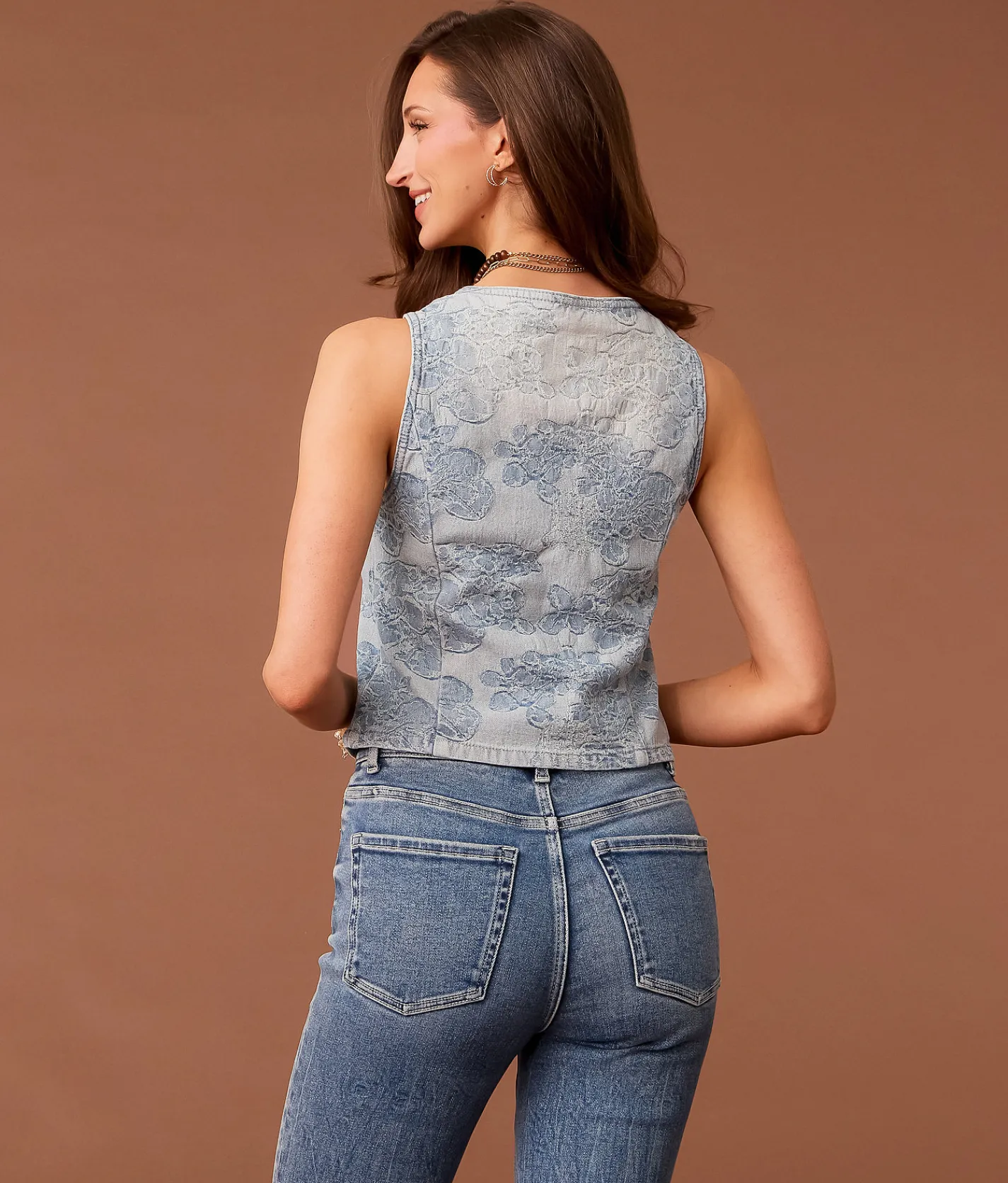 Sterling & Stitch Floral Jacquard Denim Vest Light Wash Hot