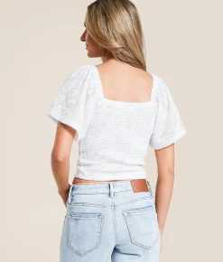 Tops | Willow & Root Floral Jacquard Keyhole Cropped Top White