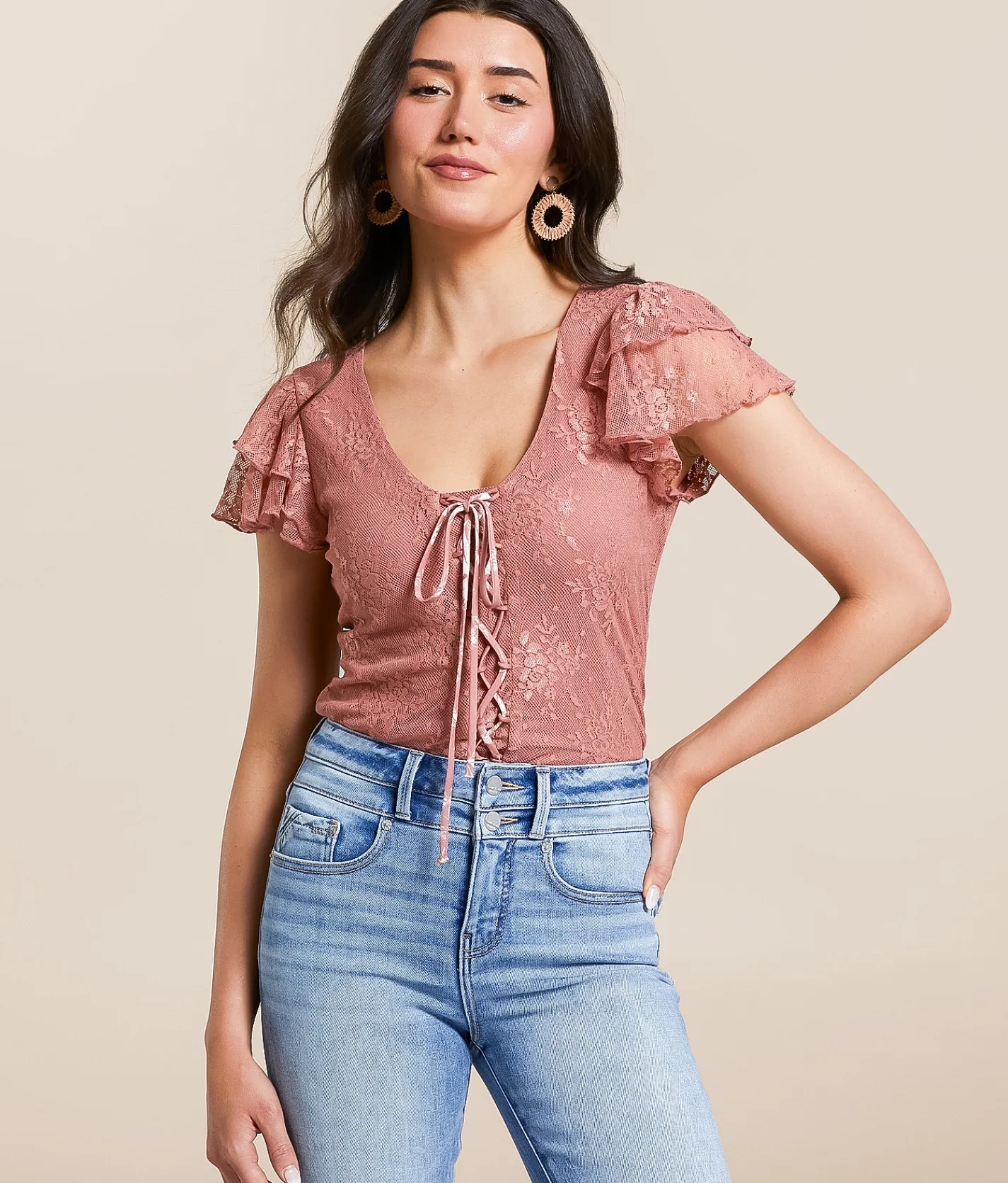Tops | Willow & Root Floral Lace Flutter Top Withered Rose Cream