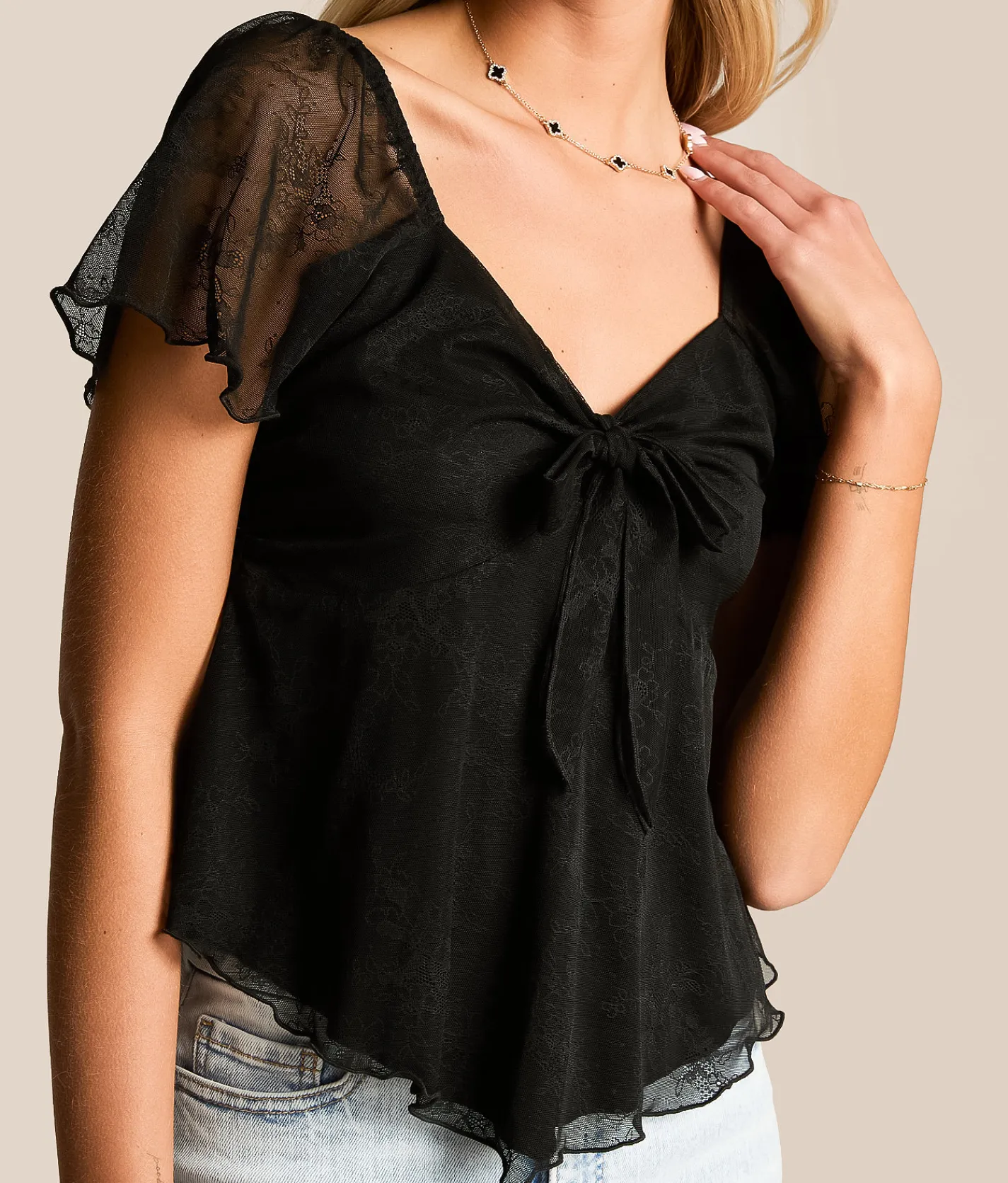 Willow & Root Floral Lace Hanky Top Black Clearance