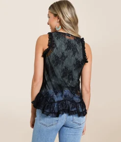 Tops | Daytrip Floral Lace Ruffle Tank Top Black