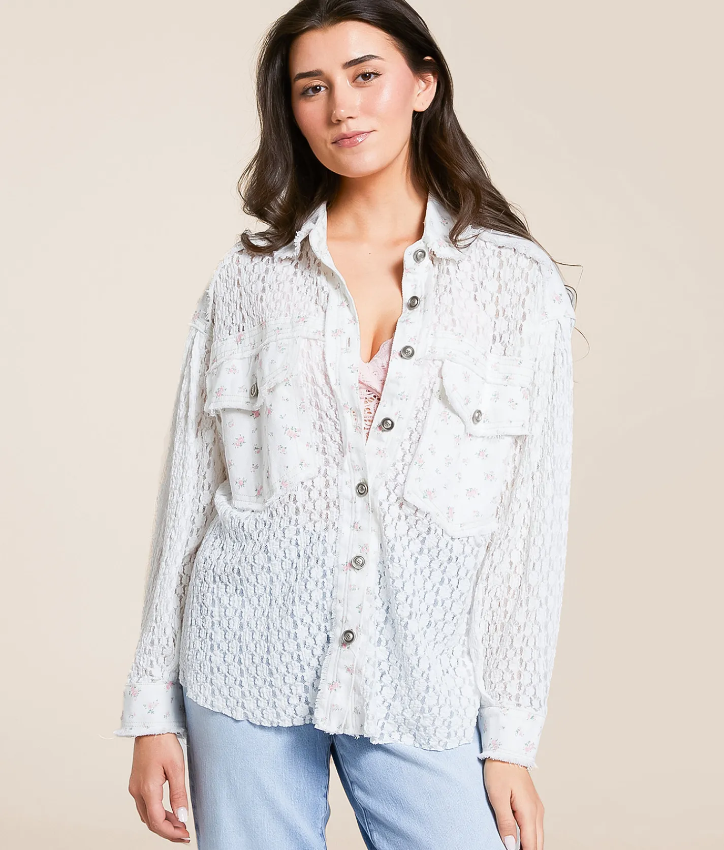 Tops|Coats & Jackets | POL Floral Lace Shacket Ivory Multi