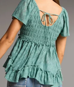 BKE Floral Lace Top Oil Blue Clearance