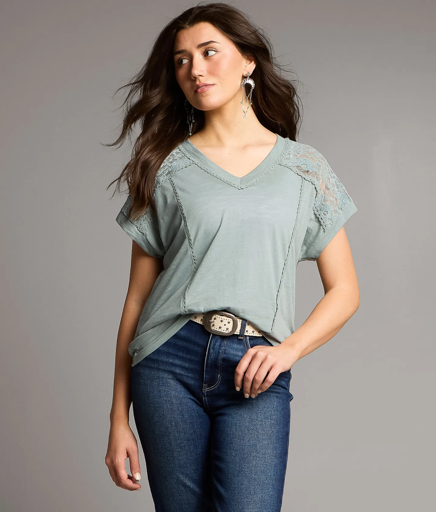 Tops | BKE Floral Lace Top Chinois Green