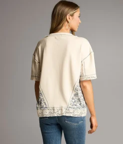 BKE Floral Lace-Up Top Cream Multi Discount