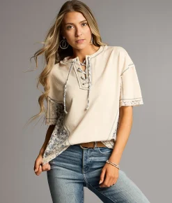 BKE Floral Lace-Up Top Cream Multi Discount