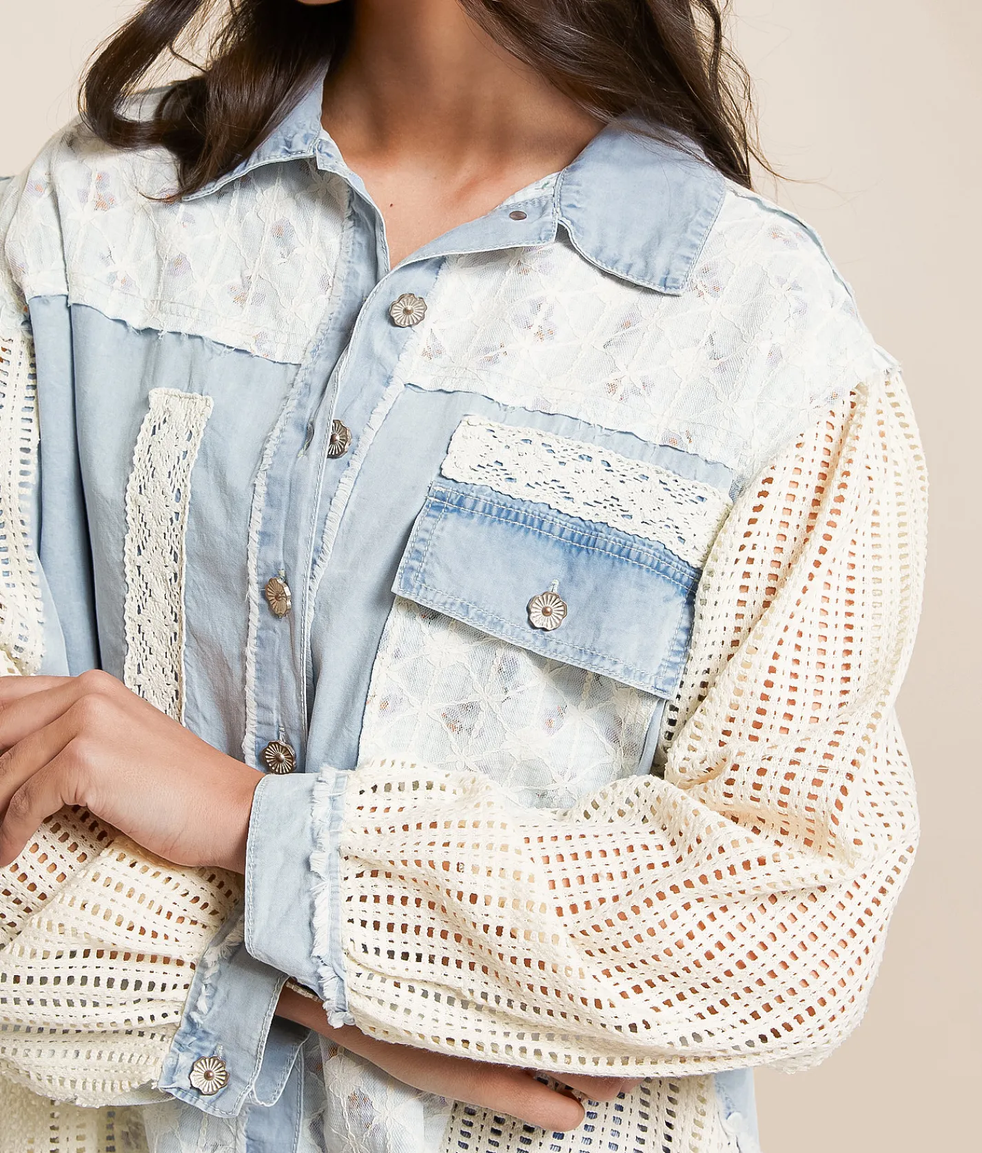 POL Floral Lace Western Oversized Shacket Denim Clearance