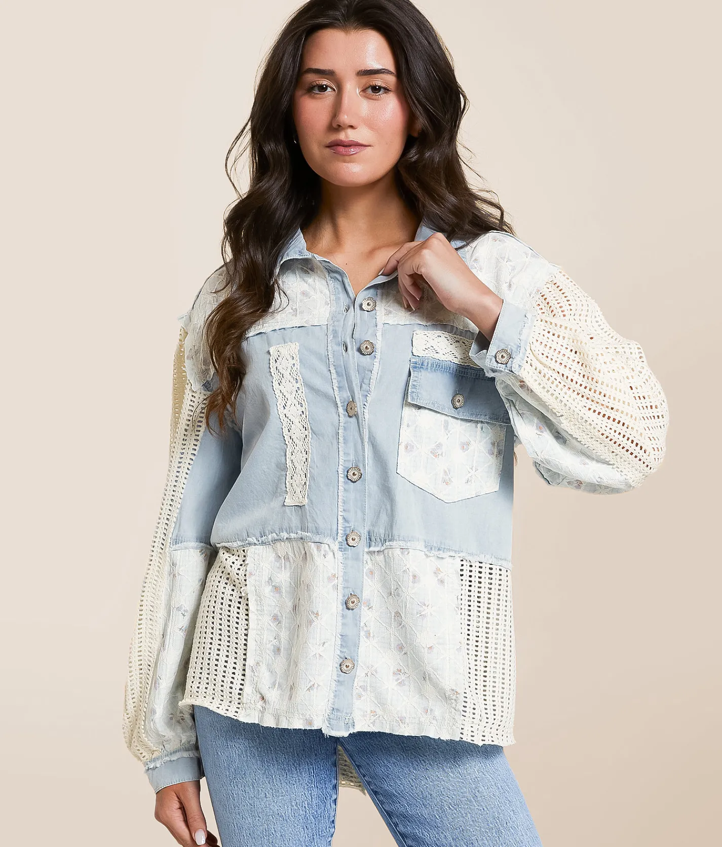 POL Floral Lace Western Oversized Shacket Denim Clearance