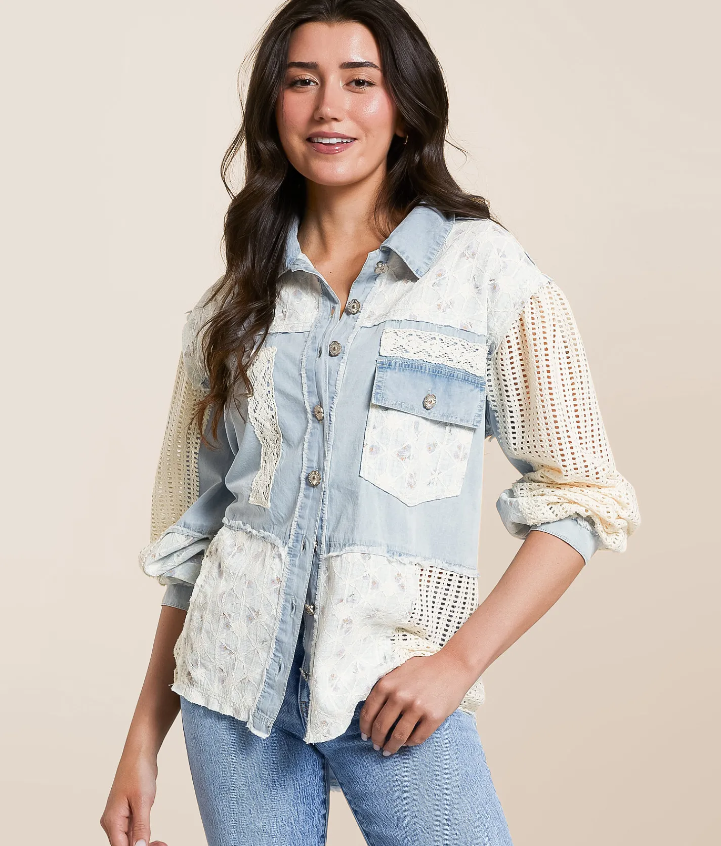 POL Floral Lace Western Oversized Shacket Denim Clearance