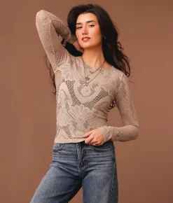 Tops | Gimmicks Floral Laser-Cut Cropped Top Cream