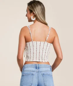 Willow & Root Floral Linen Blend Corset Tank Top Cream Pink Discount