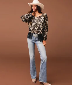 Sterling & Stitch Floral Mesh Fringe Top Black Taupe Hot