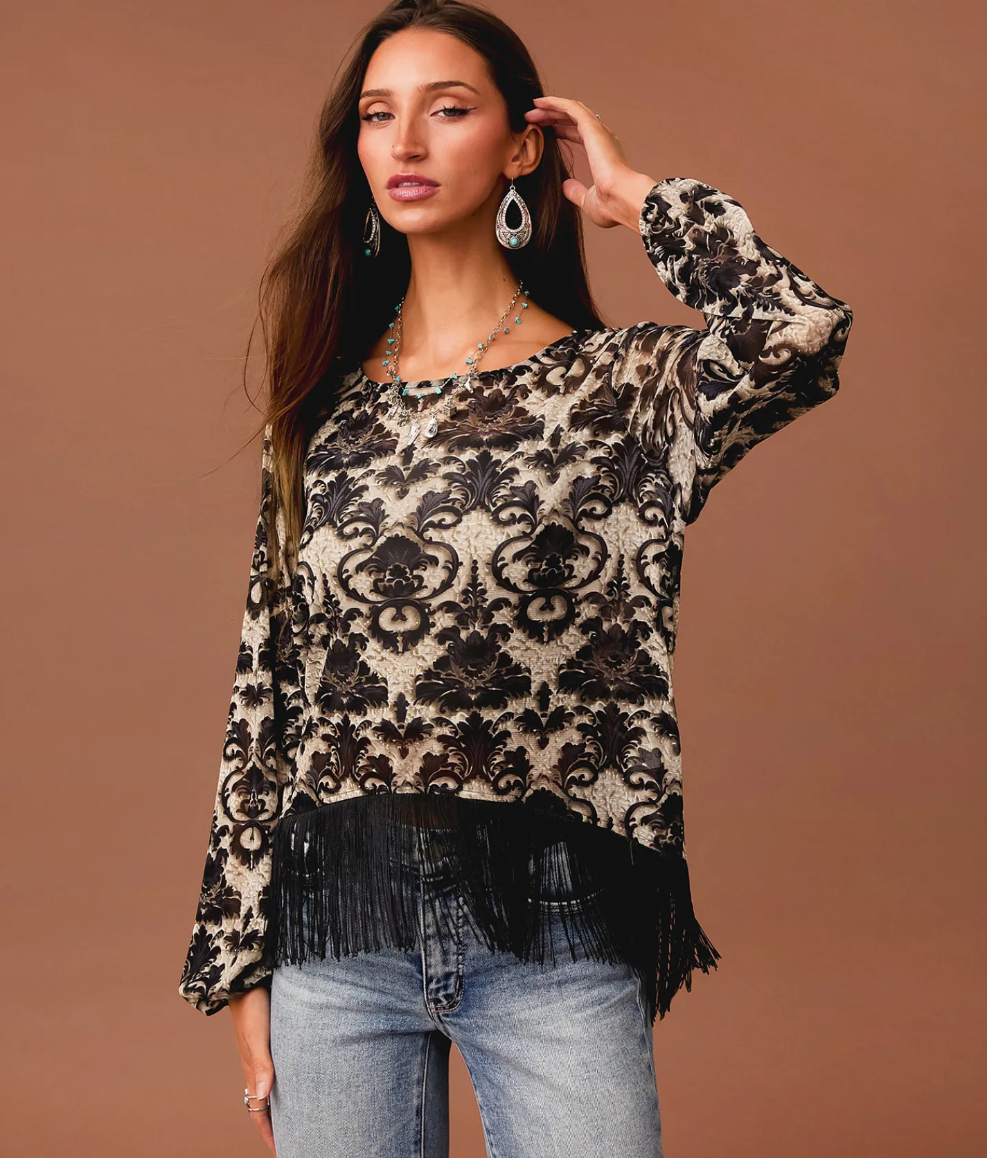 Sterling & Stitch Floral Mesh Fringe Top Black Taupe Hot