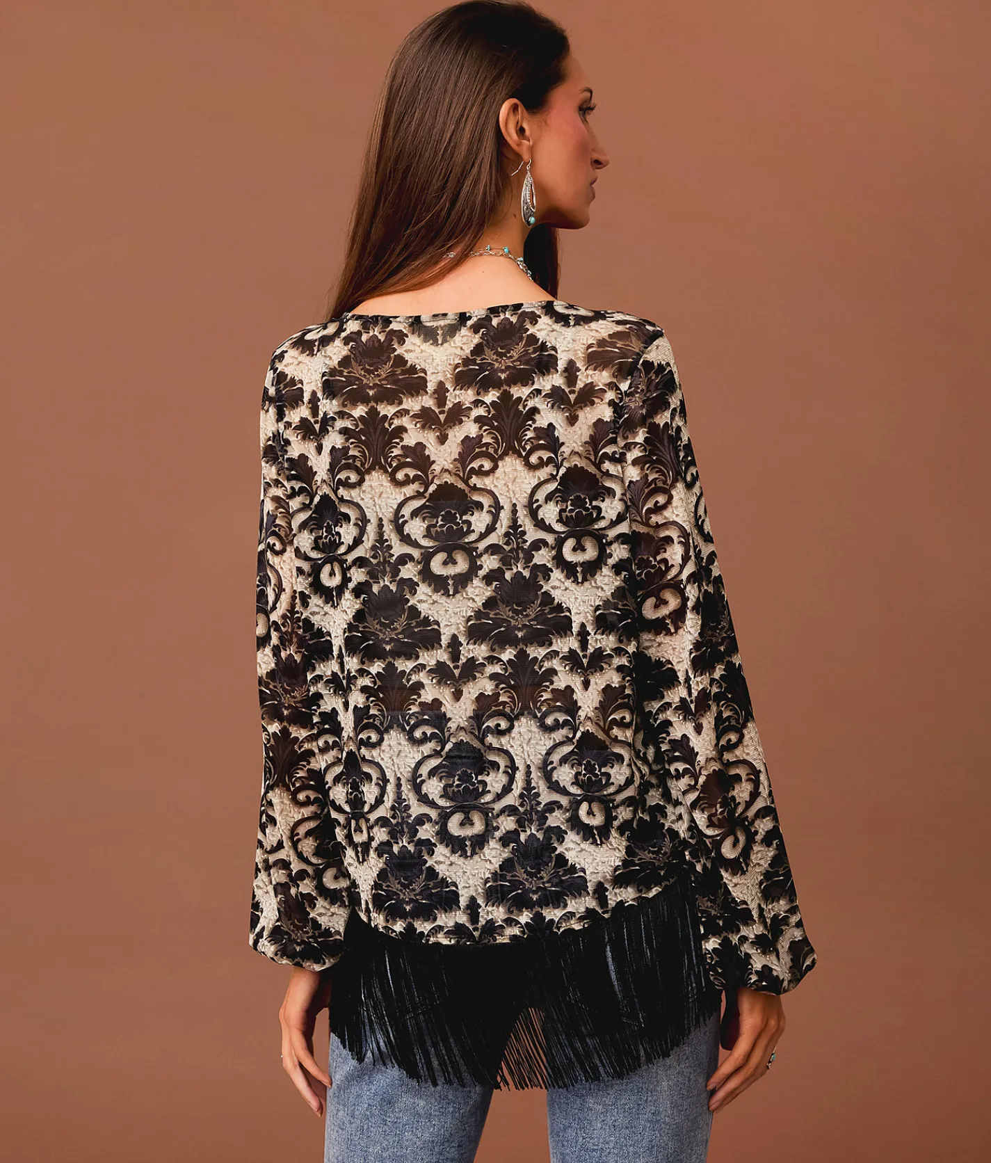 Sterling & Stitch Floral Mesh Fringe Top Black Taupe Hot