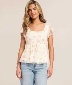 Tops | Willow & Root Floral Mesh Peplum Top Cream Pink