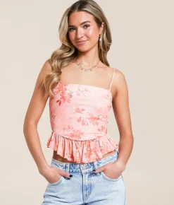 Tops | Willow & Root Floral Mesh Ruffle Tank Top Pink