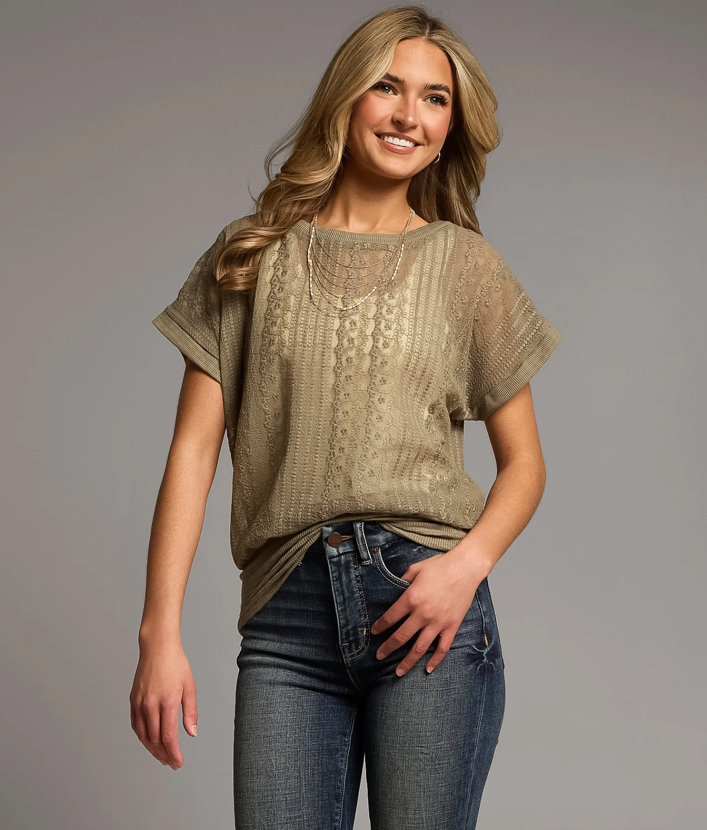 Tops | BKE Floral Mesh Top Vetiver