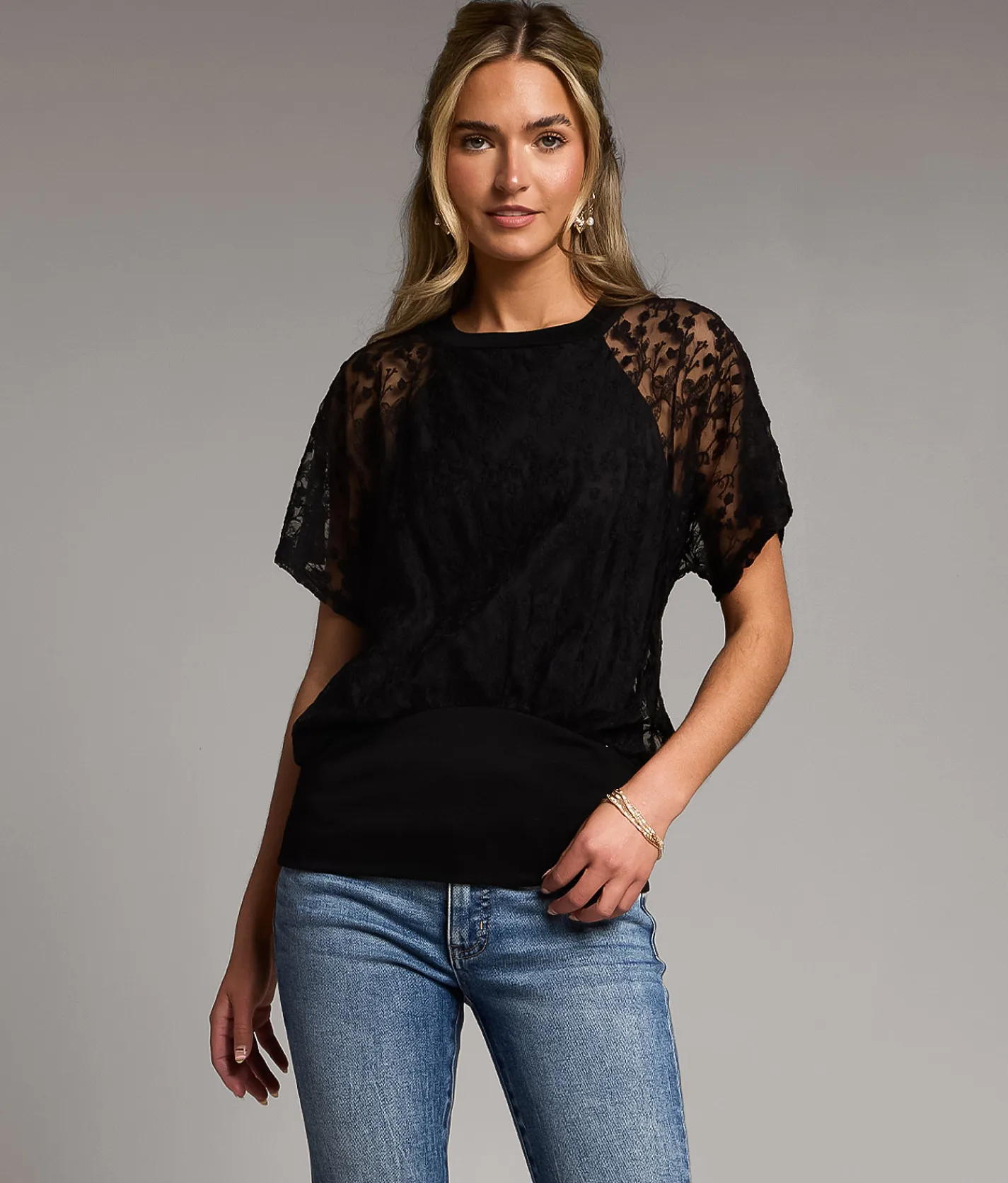 BKE Floral Mesh Top Black Discount