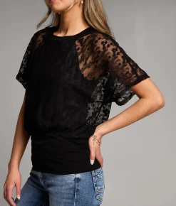 BKE Floral Mesh Top Black Discount