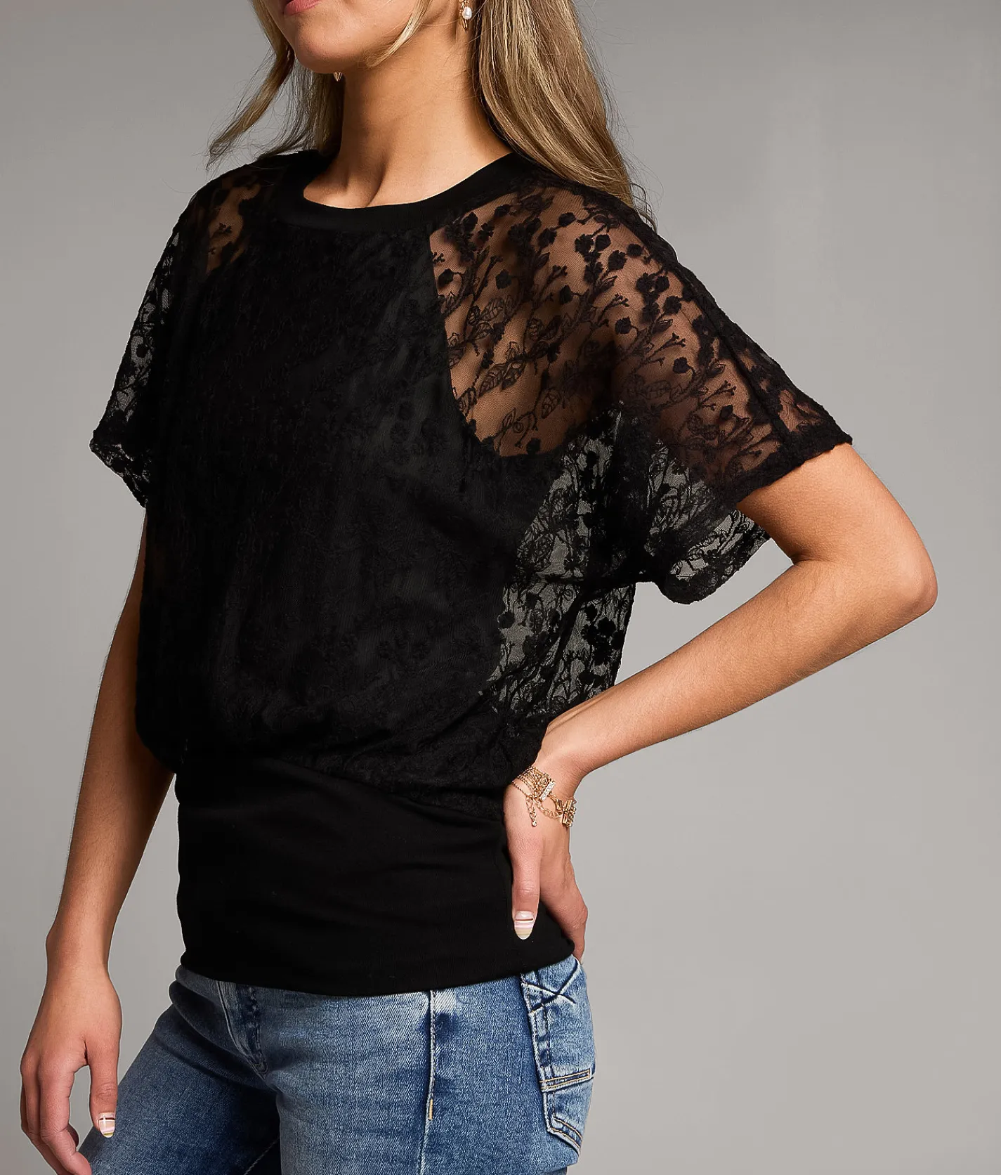 BKE Floral Mesh Top Black Discount
