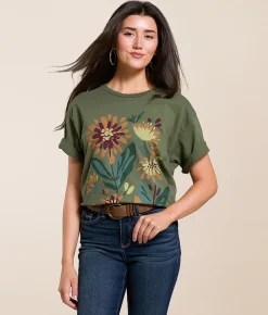 Modish Rebel Floral Mums Oversized T-Shirt Olive Online