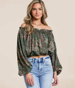 Tops | Willow & Root Floral Off The Shoulder Top Sage Multi