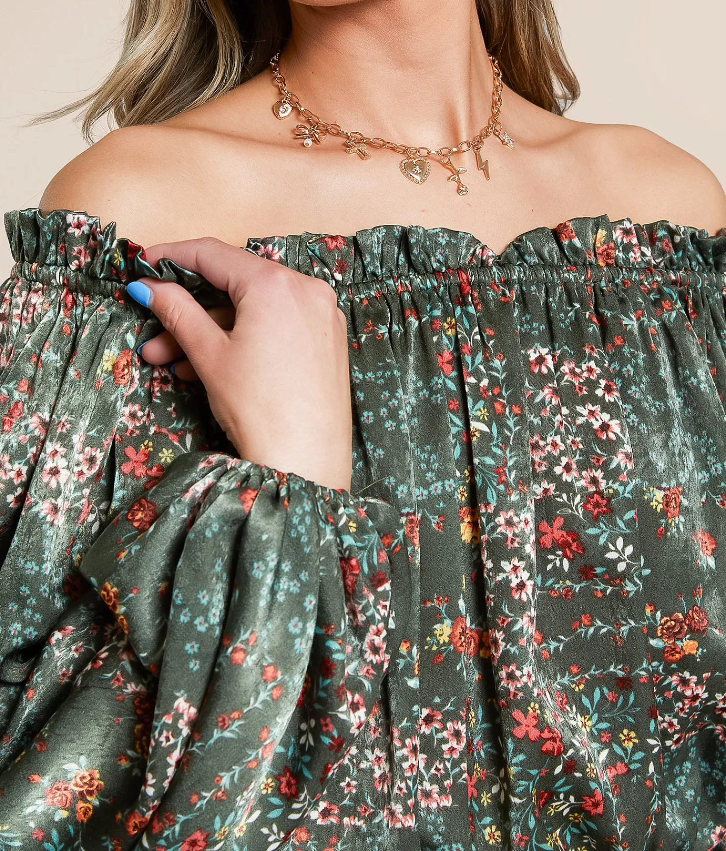 Tops | Willow & Root Floral Off The Shoulder Top Sage Multi