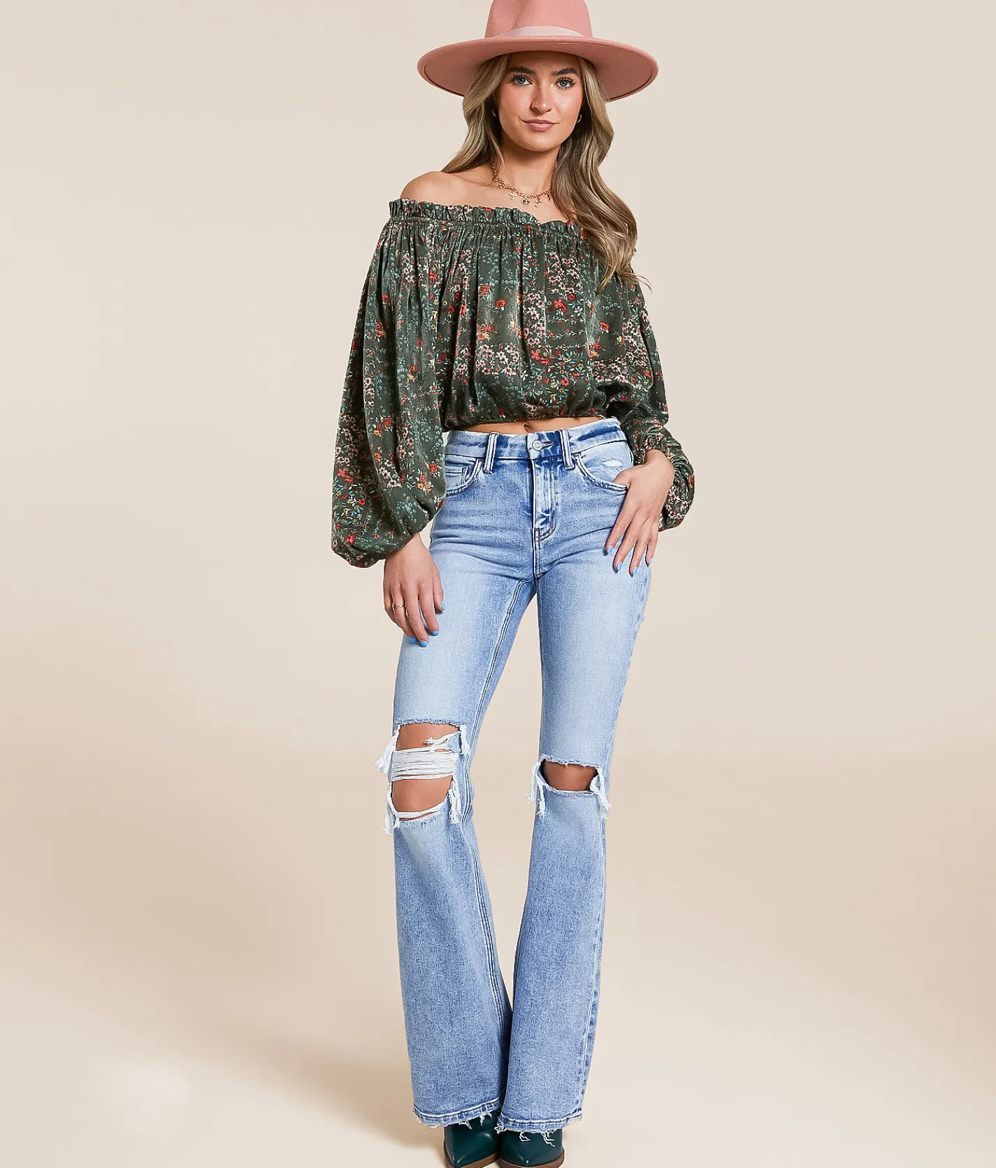Tops | Willow & Root Floral Off The Shoulder Top Sage Multi