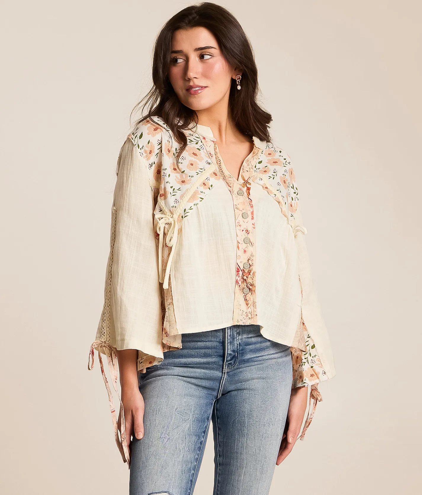 Tops | POL Floral Pieced Blouse Natural