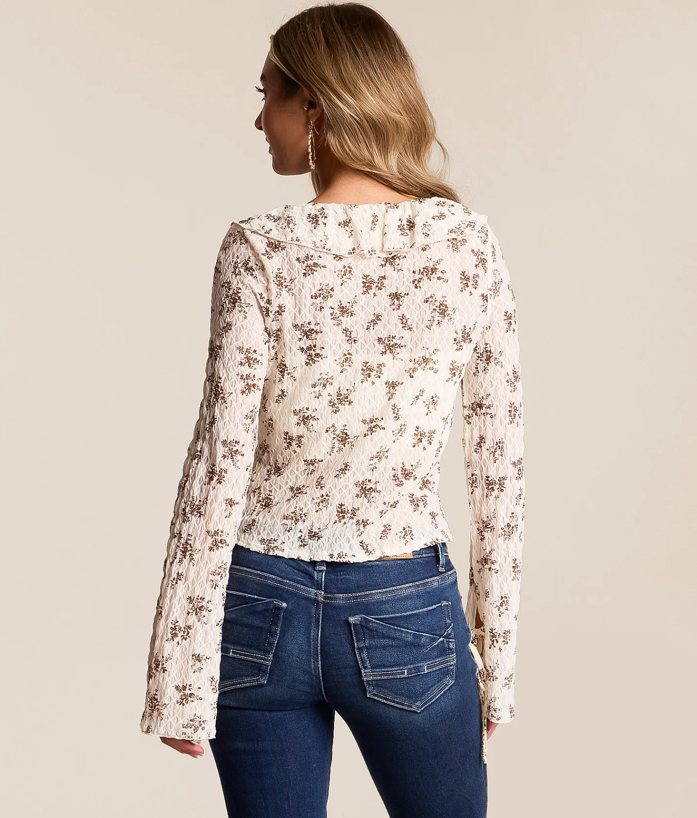 Willow & Root Floral Ruffle Cropped Top Ivory Taupe