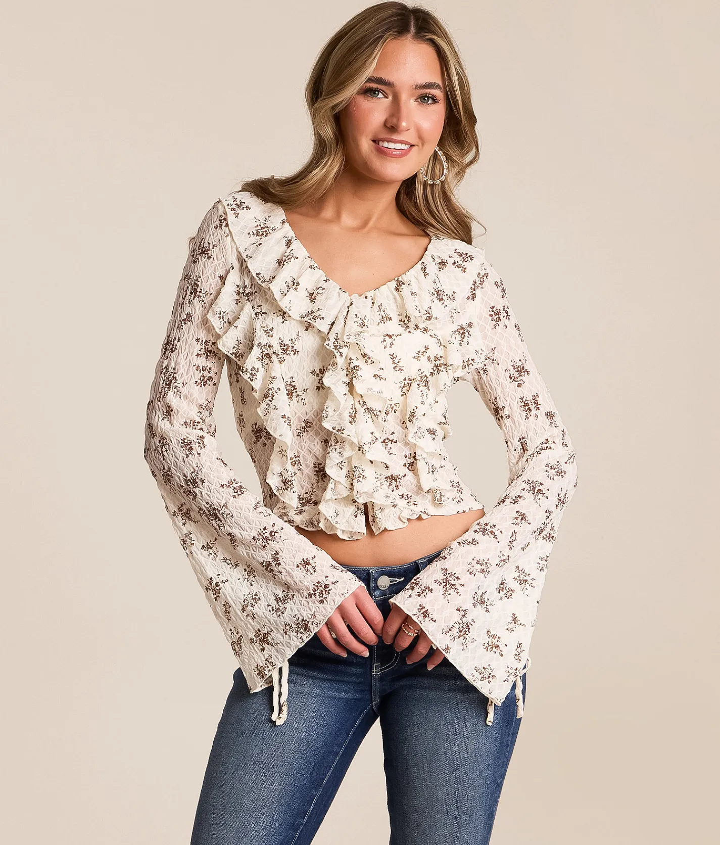 Willow & Root Floral Ruffle Cropped Top Ivory Taupe