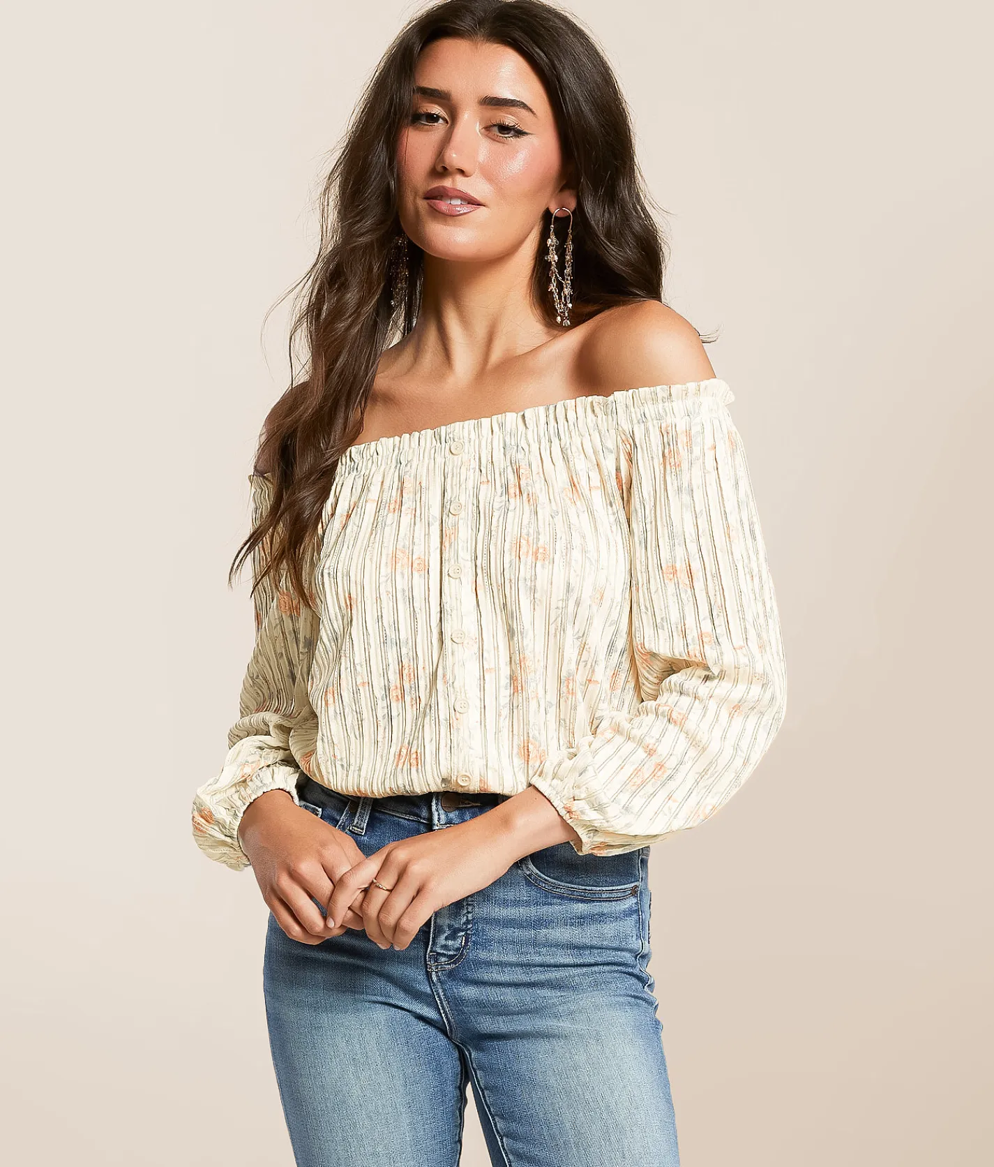 Tops | Willow & Root Floral Ruffle Off The Shoulder Top Ivory