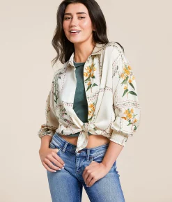 Daytrip Floral Satin Oversized Blouse Cream Multi Outlet