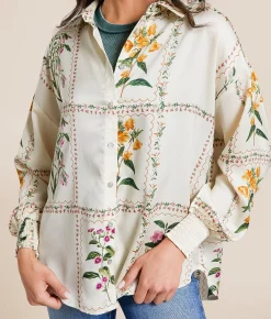 Daytrip Floral Satin Oversized Blouse Cream Multi Outlet