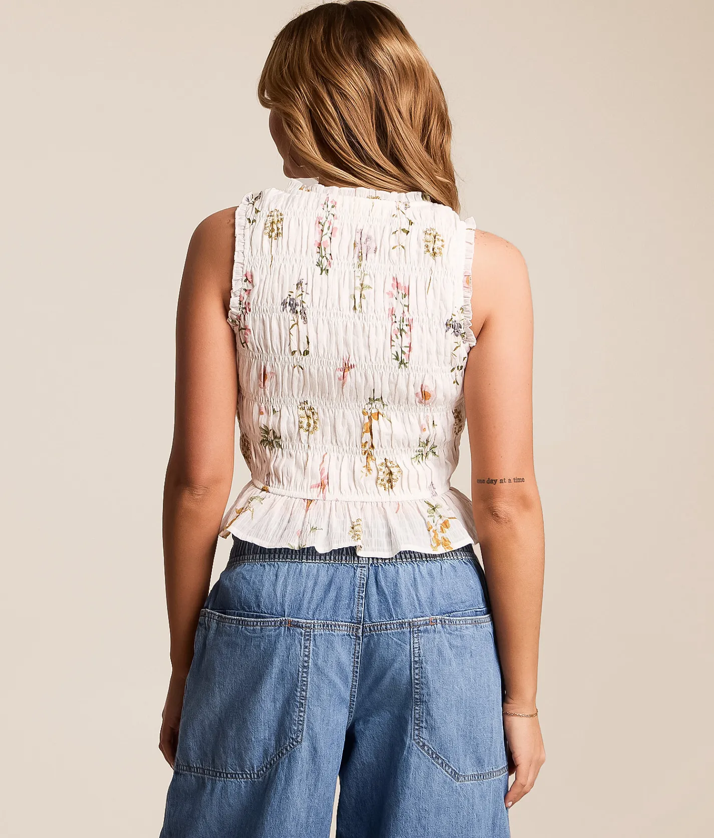 Willow & Root Floral Shirred Tank Top White Floral