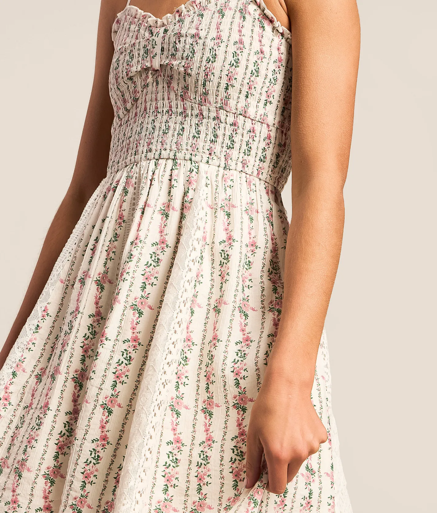 Willow & Root Floral Smocked Mini Dress Cream New