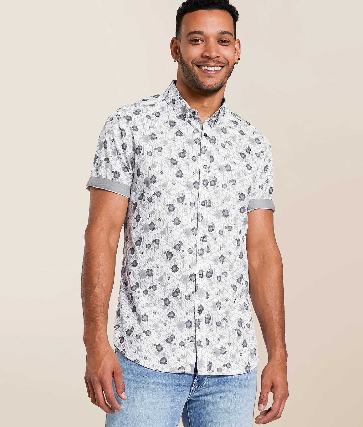 Tops | J.B. Holt Floral Standard Performance Stretch Shirt White Grey