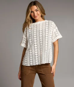 BKE Floral Stitch Crochet Top White Hot