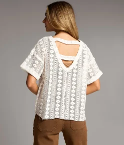 BKE Floral Stitch Crochet Top White Hot