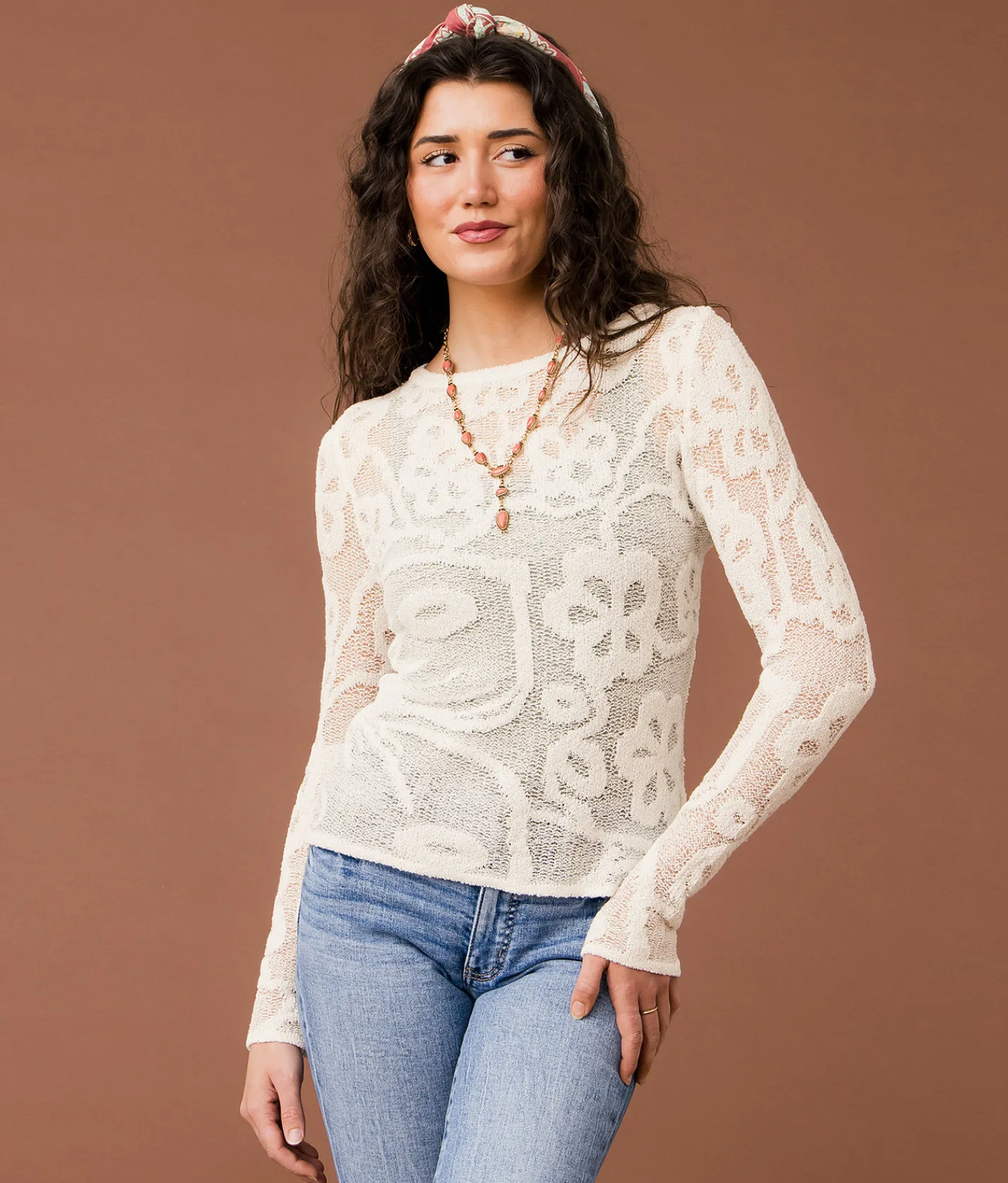 Tops | Gimmicks Floral Stitch Sweater Cream