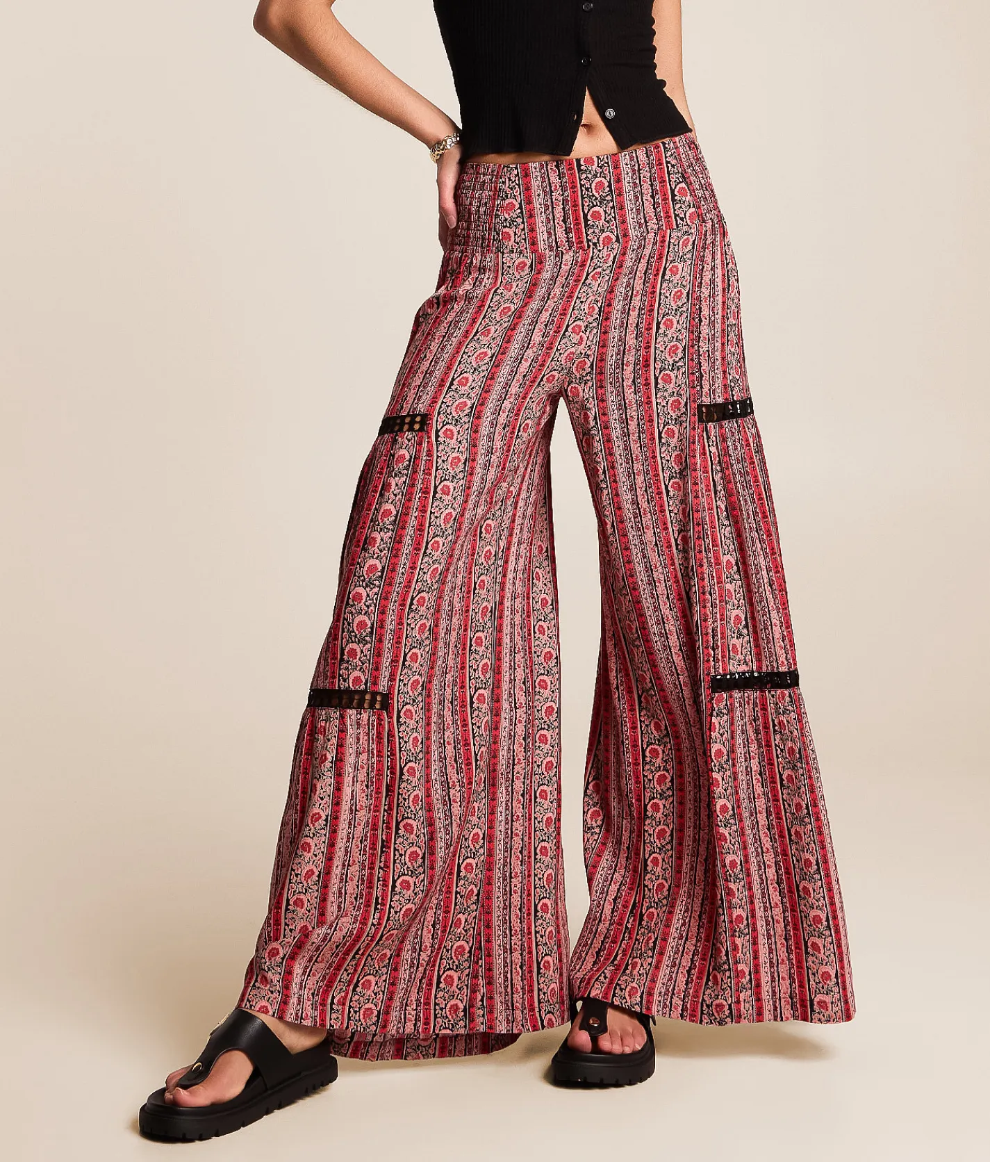 Angie Floral Striped Beach Pant Black Red