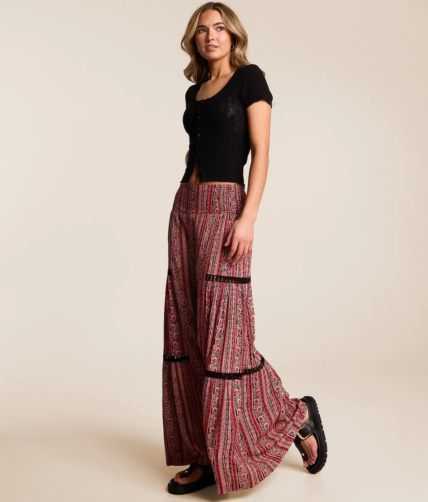 Angie Floral Striped Beach Pant Black Red