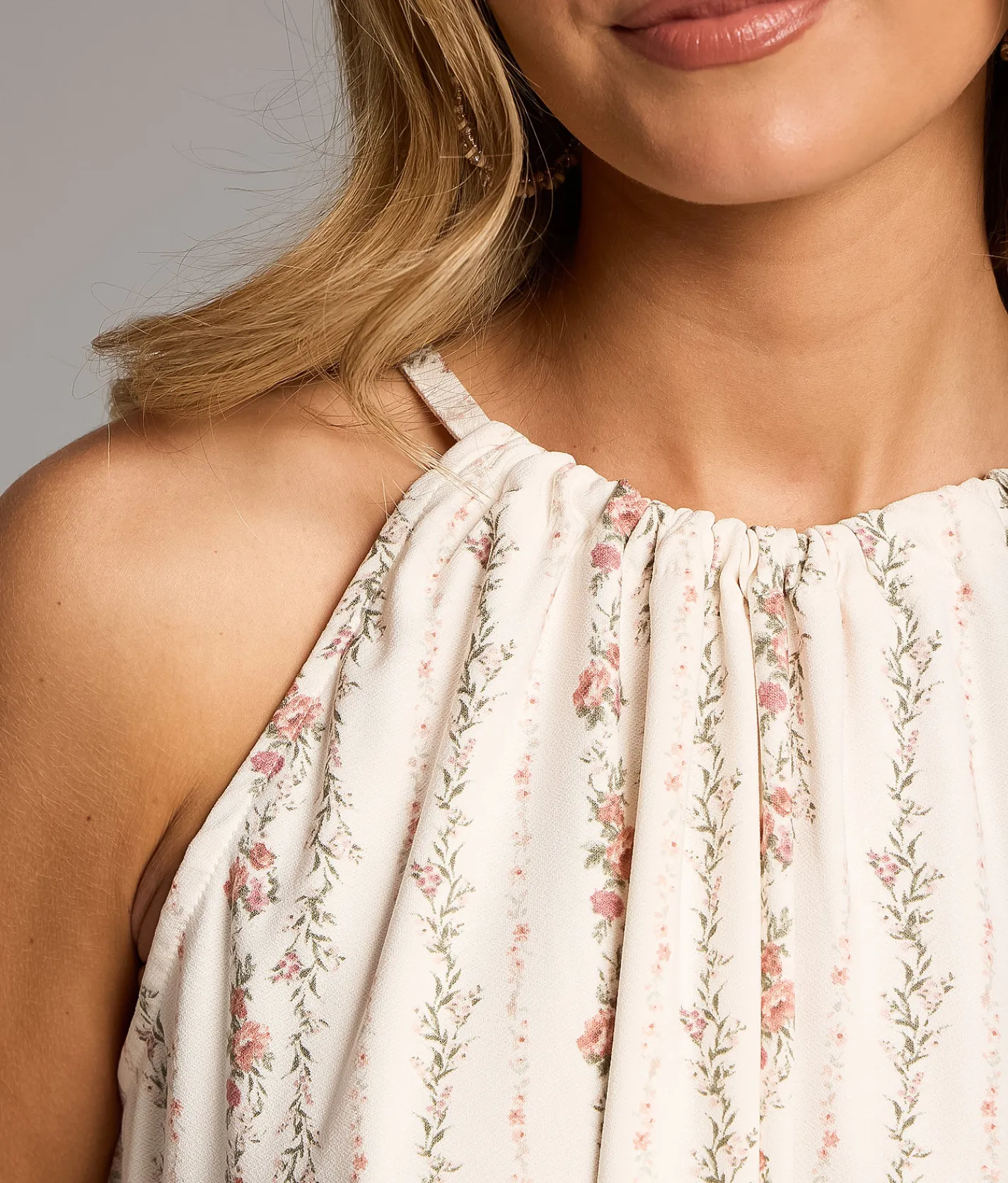 BKE Floral Striped High Neck Tank Top Cream Hot