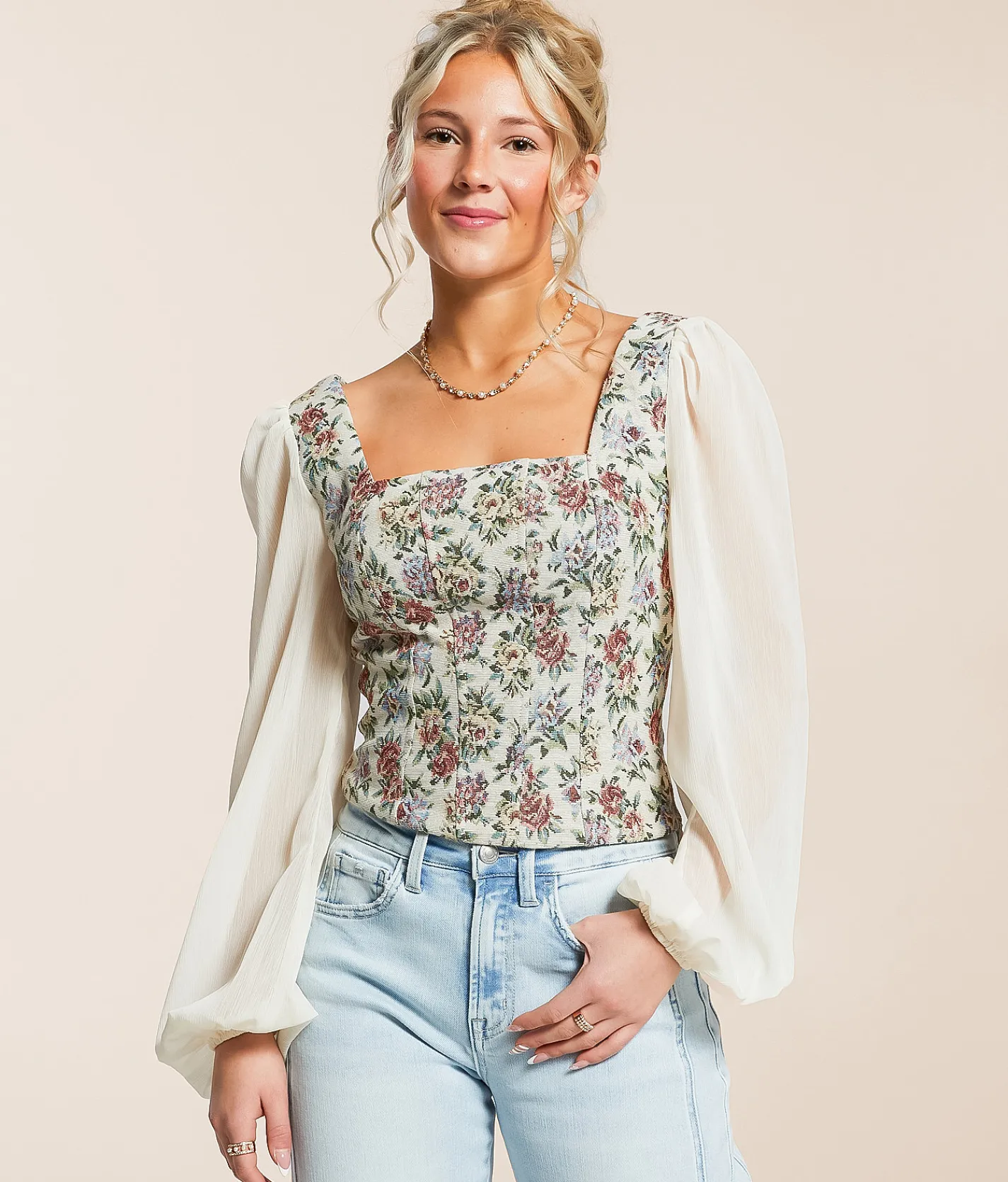 Willow & Root Floral Tapestry Cropped Top Pink Blue Multi Sale