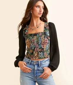 Willow & Root Floral Tapestry Cropped Top Black Pink Multi Best