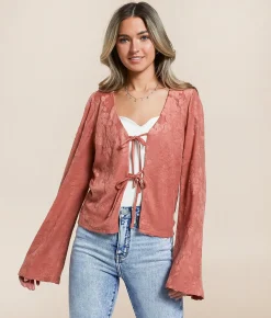 Willow & Root Floral Terry Cloth Front Tie Top Canyon Rose Best