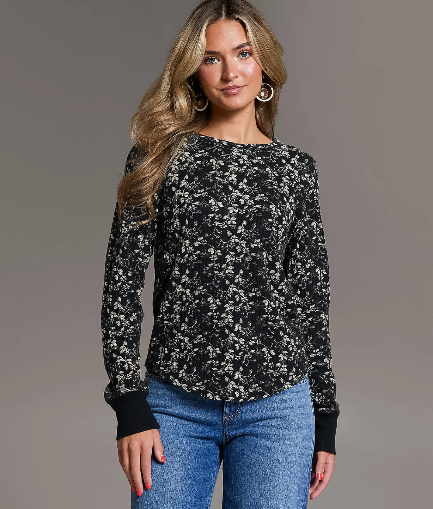 BKE Floral Thermal Top Black White Taupe Outlet