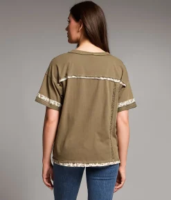 BKE Floral Trim Henley Top Vetiver Discount