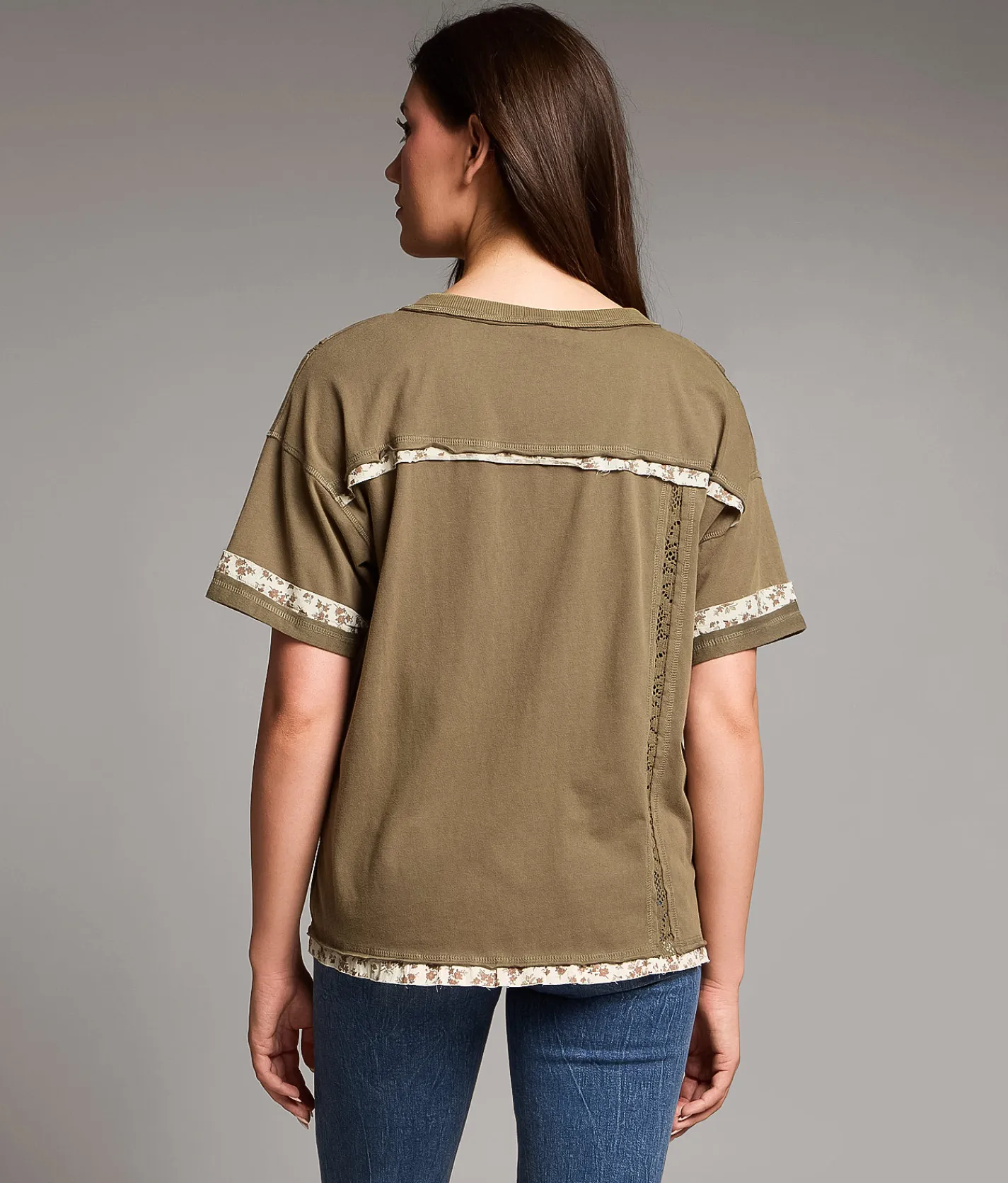 BKE Floral Trim Henley Top Vetiver Discount